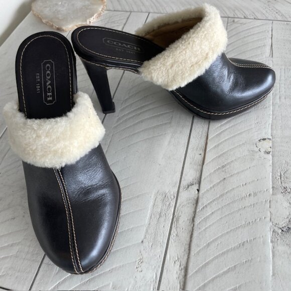COACH PRE-OWNED KACIE BROWN LEATHER SHEARLING MULE SLIDE BOOT HIGH HEEL SIZE 7 - Picture 2 of 8